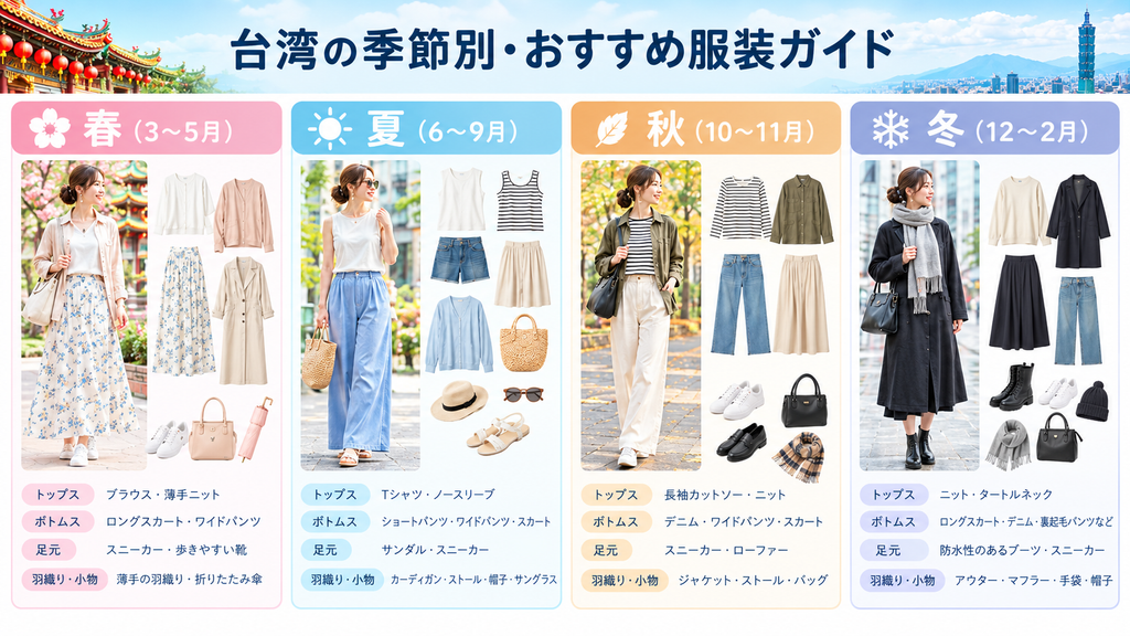 台湾旅行の季節別おすすめ服装ガイド（春夏秋冬のコーディネート・羽織り・靴・小物のチェックリスト図解）